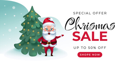 Christmas sale banner. Vector illustration of Santa Claus under Christmas tree. Cartoon realistic style
