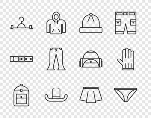 Set line Backpack, Men underpants, Winter hat, Man, Hanger wardrobe, Pants, Skirt and Leather glove icon. Vector