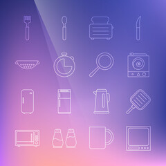 Set line Electronic scales, Frying pan, Electric stove, Toaster with toasts, Kitchen timer, colander, Fork and icon. Vector