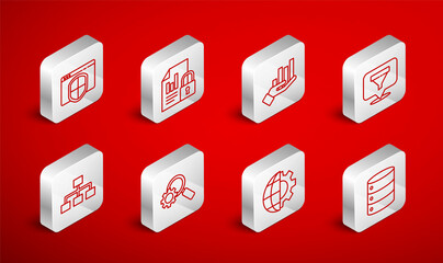 Set line Server, Web Hosting, Document and lock, Pie chart infographic, Location with sales funnel, Globe of the Earth gear, Browser shield, Magnifying glass and Hierarchy organogram icon. Vector