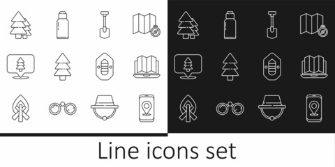 Set line City map navigation, Location of the forest in laptop, Shovel, Tree, Rafting boat and Canteen water bottle icon. Vector