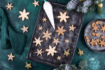 Christmas gingerbread cookies in shape of snowflake