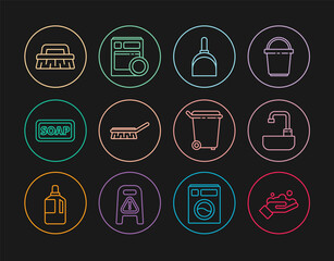 Set line Washing hands with soap, Washbasin water tap, Dustpan, Brush for cleaning, Bar of, Trash can and Kitchen dishwasher machine icon. Vector