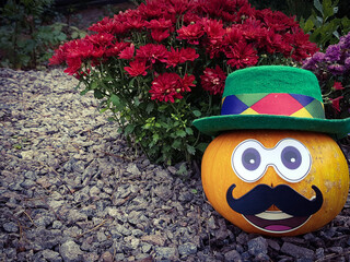 a funny pumpkin with a hat on its head and a mustache stands in the garden. chrysanthemums are blooming in the background. Halloween background