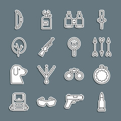 Set line Bullet, Canteen water bottle, Hipster arrows, Binoculars, Shotgun, Tree, Bow and Paw search icon. Vector