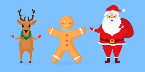 Santa Claus, deer and gingerbread man vector illustration