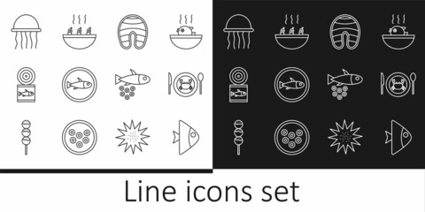 Set line Fish, Served crab on a plate, steak, fish, Canned, Jellyfish, with caviar and Soup shrimps icon. Vector