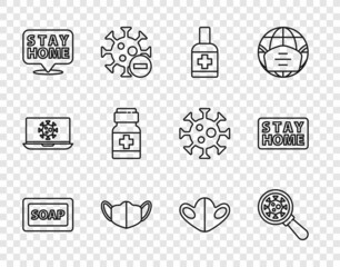 Set line Bar of soap, Virus under magnifying glass, Liquid antibacterial, Medical protective mask, Stay home, Medicine bottle and pills, and icon. Vector