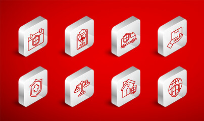 Set line Shield with world globe, Health insurance, Car shield, Delivery, House, Calendar, Scales of justice and icon. Vector