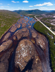 Islands in the river along the road