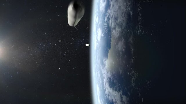 Nuclear hypersonic missiles fly over the Earth. View from space. The rocket flies and rotates. Hypersonic weapon. Nuclear war. 4K. 3D Animation.