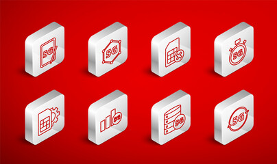 Set line 5G network, Sim card rejected, Digital speed meter, Server, Graphic tablet with, and setting icon. Vector