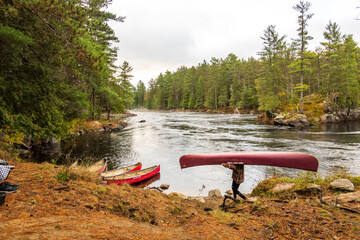 A canoe being portaged down to a put in on the Madawaska River on a fall day in Eastern Ontario, Canada.