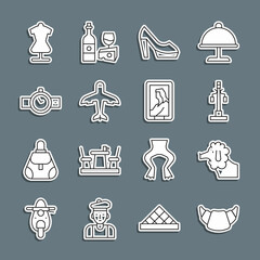 Set line Croissant, Poodle dog, Street light, Woman shoe, Plane, Wrist watch, Mannequin and Portrait museum icon. Vector