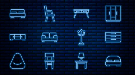 Set line Big bed, Chest of drawers, Office desk, Sofa, Coat stand and Armchair icon. Vector