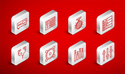 Set line Music equalizer, Drum machine, Disco ball, playlist, Guitar amplifier, Stereo speaker and Air headphones icon. Vector