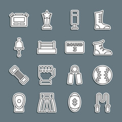 Set line Jump rope, Baseball ball, Sport boxing shoes, Punching bag, Boxing ring, Ringing bell, Stopwatch and board icon. Vector