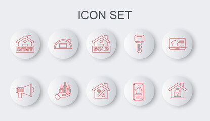 Set line House under protection, Megaphone, Hanging sign with text Sold, Online real estate house, Rent, Warehouse, Skyscraper and percant discount icon. Vector