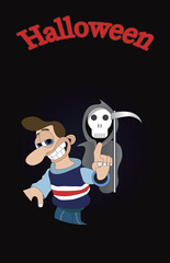 Halloween card man with a cheeky smile and a big nose pointing at reaper