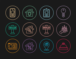Set line Hotel service bell, Skyscraper, House contract, Search house, Hanging sign with Sale, Online real estate, text Sold and shield icon. Vector