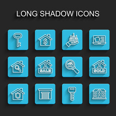Set line House with shield, Garage, key, Hanging sign Sale, text Sold and Search house icon. Vector