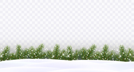 Border with green fir branches, falling snowflakes, snowdrifts isolated on transparent background. Pine, xmas evergreen plants seamless banner. Vector Christmas tree garland and snow drifts pattern  © Kindlena