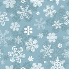 Snowflake seamless pattern vector, Christmas, New Year, winter, white snowflakes on blue for background, gift wrapping paper, covers.