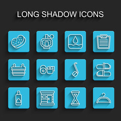 Set line Spray can for hairspray, Sauna wooden bathhouse, Bath sponge, hourglass, Hanger wardrobe, Toilet paper roll, slippers and ladle icon. Vector