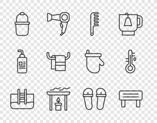Set line Swimming pool with ladder, Sauna wood bench, Hairbrush, Aroma candle, bucket, Towel on hanger, Flip flops and thermometer icon. Vector