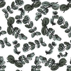 Нand-drawn  seamless pattern with eucalyptus branches on gray spots. Vector illustration for wrapping paper covers, wedding invitations and greeting cards 