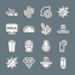 Set line Burrito, Tequila glass with lemon, Mexican sombrero, Lemon, Taco tortilla, Hola, Cigar and Cactus icon. Vector © vector_v