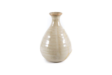 Antique Japanese Kintsugi, beige Kintsugi vase restored with gold cracks. Wabisabi pottery