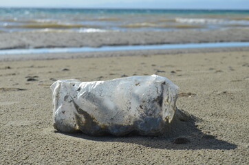 Beach pollution, environmental pollution, empty used dirty plastic bottles, spilled garbage on the...