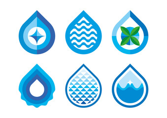 Water logos set. Abstract modern creative geometric sign of water drops with simbols wave, leaf, cristall. Organic eco water icons, design elements isolated 