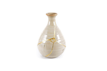 Antique Japanese Kintsugi, beige Kintsugi vase restored with gold cracks. Wabisabi pottery