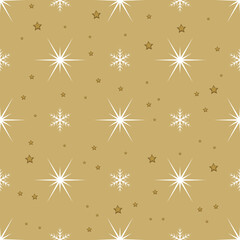 Seamless pattern with white snowflakes and stars on gold background. Festive winter traditional decoration for New Year, Christmas, holidays and design. Ornament of simple line