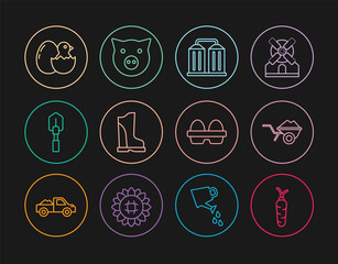 Set line Carrot, Wheelbarrow with dirt, Granary, Waterproof rubber boot, Shovel, Little chick in cracked egg, Chicken box and Pig icon. Vector