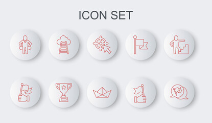 Set line Flag, Hand holding flag, Target, Head hunting, Stair with finish, Award cup and Folded paper boat icon. Vector