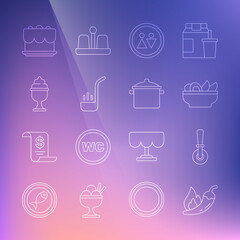 Set line Hot chili pepper pod, Pizza knife, Nachos in plate, Toilet, Kitchen ladle, Ice cream bowl, Cake and Cooking pot icon. Vector
