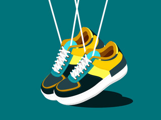 Sport shoes illustration. Mens, womens runners graphic design. Sneakers poster illustration. Fashion footwear. - obrazy, fototapety, plakaty