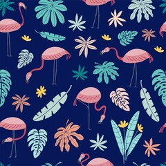 Fototapeta na wymiar Seamless vector pattern with pink flamingos and tropical leaves isolated on a blue background.