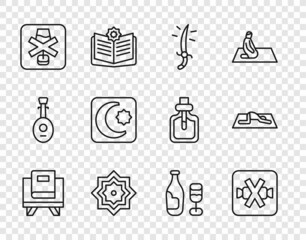 Set line Holy book of Koran, No sweets, Arabian saber, Octagonal star, alcohol, Star and crescent, Wine bottle with glass and Muslim man prays icon. Vector