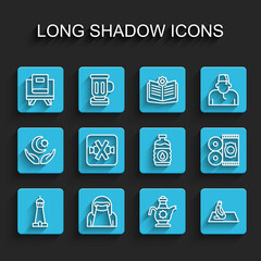 Set line Mosque tower or minaret, Muslim woman niqab, Holy book of Koran, Islamic teapot, prays, No sweets, Traditional carpet and Bottle water icon. Vector