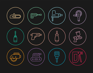Set line Construction stapler, Paint spray gun, Electric jigsaw, cordless screwdriver, Screwdriver, Chainsaw, and Rotary hammer drill machine icon. Vector