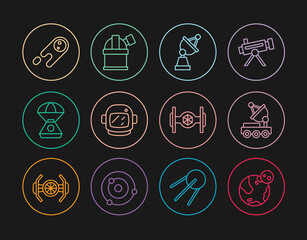 Set line Earth globe, Mars rover, Satellite dish, Astronaut helmet, Space capsule, Comet falling down fast, Cosmic ship and Astronomical observatory icon. Vector