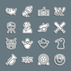 Set line Donut, Eagle head, Crossed baseball bat, United States Capitol Congress, George Washington, Barbecue grill, USA map and Cannon icon. Vector