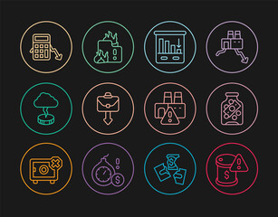 Set line Drop in crude oil price, Glass money jar with coin, Pie chart infographic, Briefcase, Storm, Calculation of expenses, Shutdown factory and Fire burning house icon. Vector