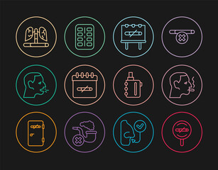 Set line No smoking, Man a cigarette, days, coughing, Disease lungs, Electronic and Nicotine gum blister pack icon. Vector