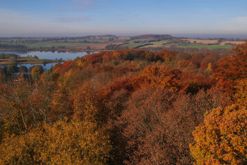 Obraz premium Fantastischer Ausblick vom Parnaßturm auf leuchtende Herbstlandschaft und den Trammer See in der Holsteinischen Schweiz in Plön.