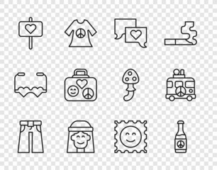 Set line Jeans wide, Beer bottle, Speech bubble chat, Hippie girl, Peace, Suitcase for travel, LSD acid mark and camper van icon. Vector